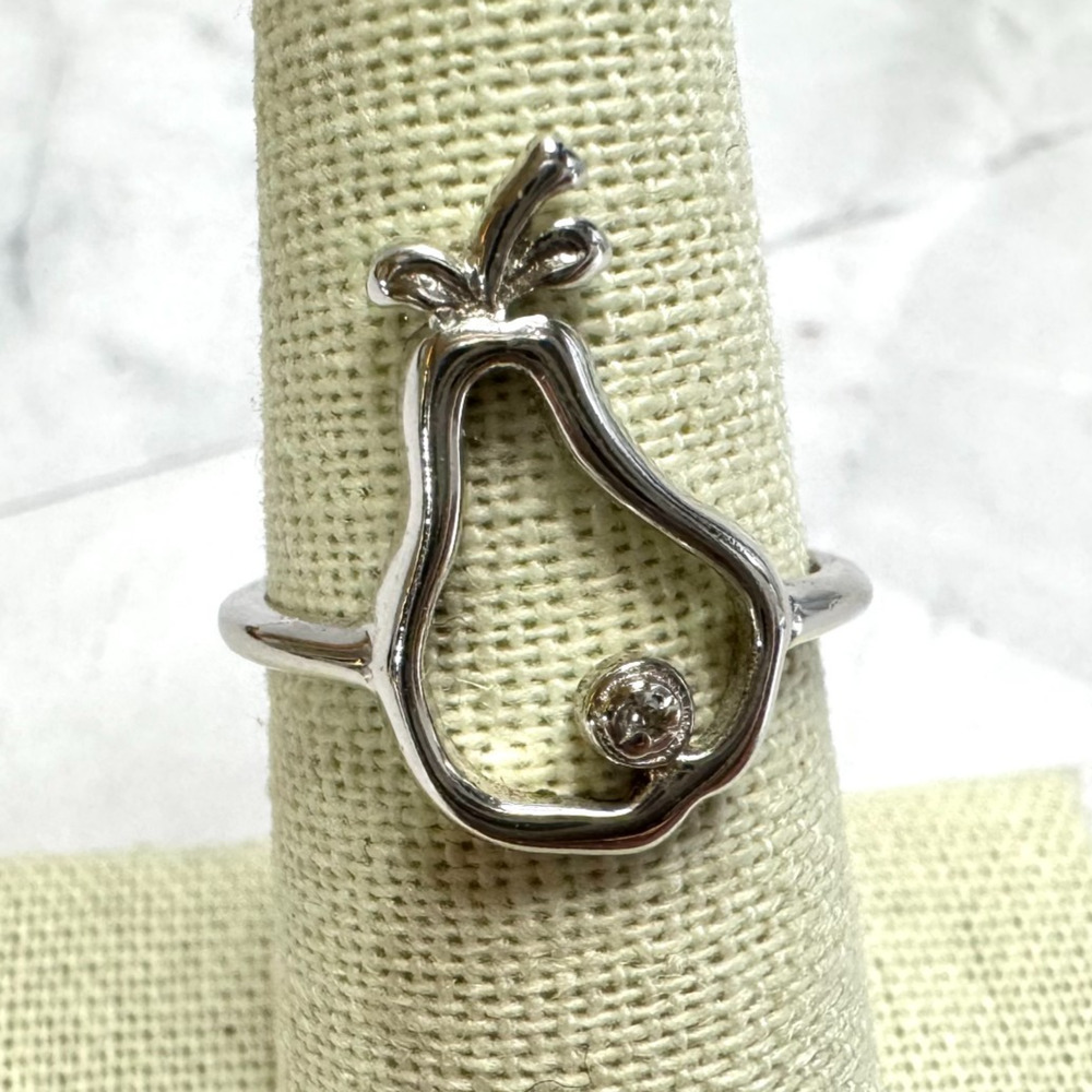 Sterling Silver Pear Ring Size 6 3/4 Fertility Symbol Open Work 925 Rhinestone